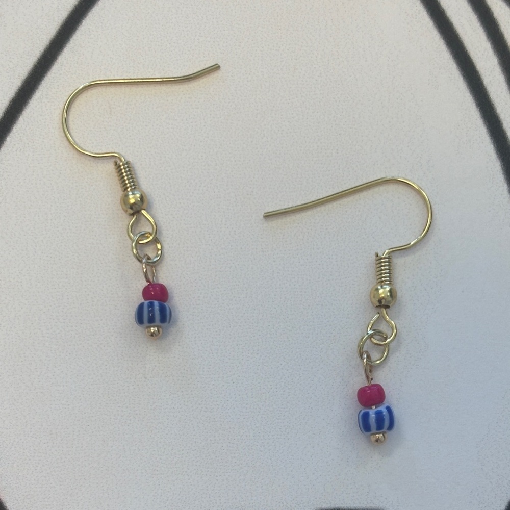 Hand Crafted Gold Earrings with Blue and Pink Beads
